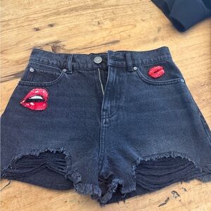 Pinko Black Jean Shorts with Red Lip Detail